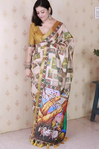 Gold printed tussar silk printed saree with blouse