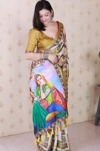 Gold printed tussar silk printed saree with blouse