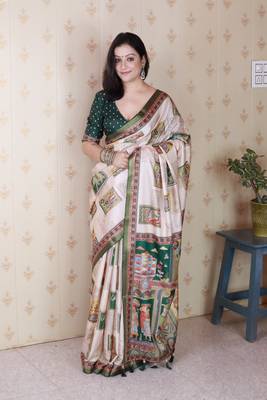 Green printed tussar silk printed saree with blouse 2