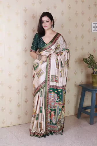 Green printed tussar silk printed saree with blouse
