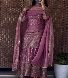 Pink fandy crushi silk  party wear embroidery sharara suit set