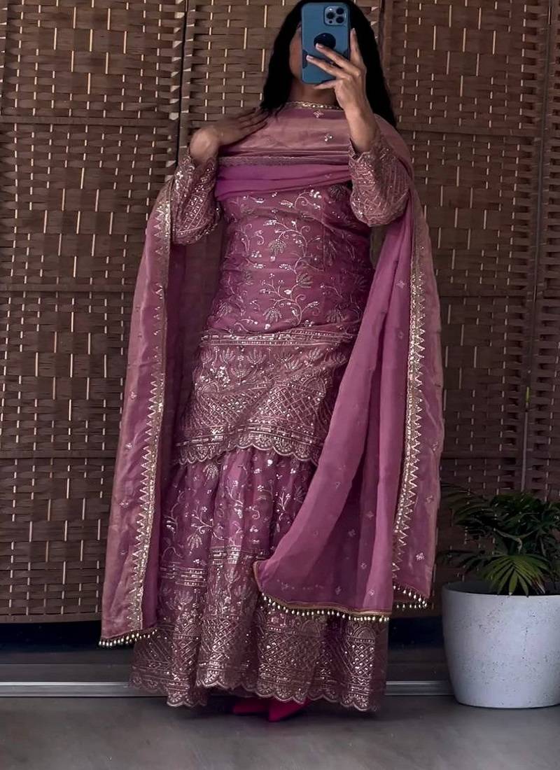 Pink fandy crushi silk  party wear embroidery sharara suit set