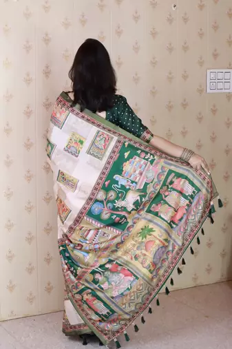 Green printed tussar silk printed saree with blouse