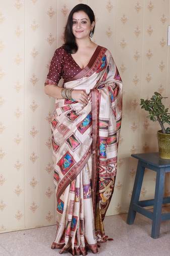 Maroon printed tussar silk printed saree with blouse