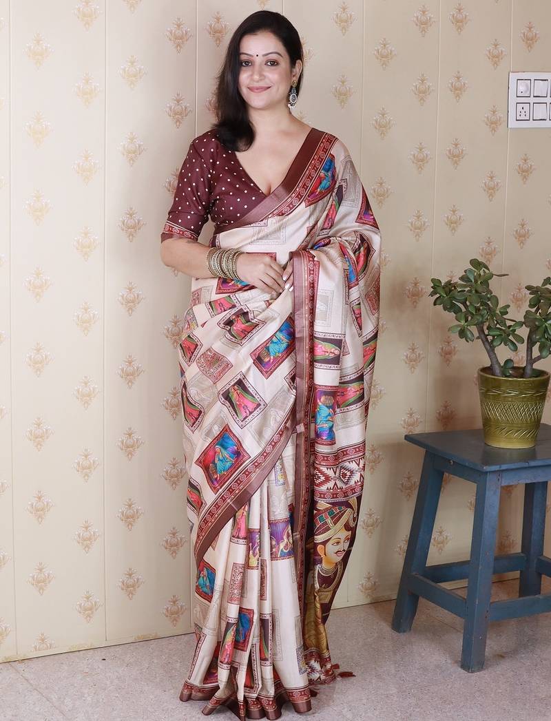 Maroon printed tussar silk printed saree with blouse