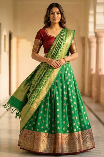 Pure Silk Unstitched Banarasi Lehanga Set in Green Colour with Blouse