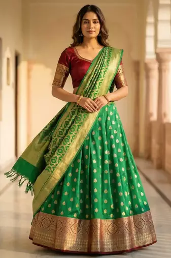 Pure Silk Unstitched Banarasi Lehanga Set in Green Colour with Blouse