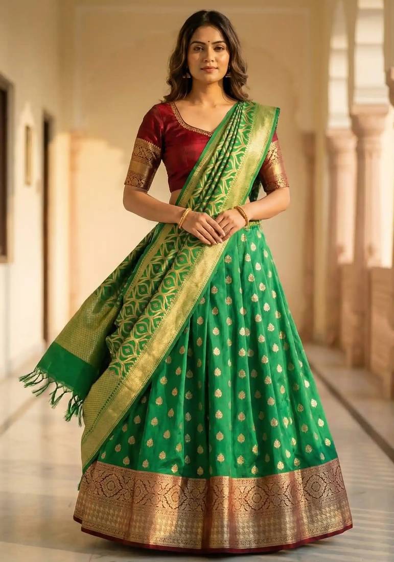 Pure Silk Unstitched Banarasi Lehanga Set in Green Colour with Blouse