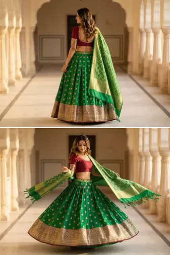 Pure Silk Unstitched Banarasi Lehanga Set in Green Colour with Blouse