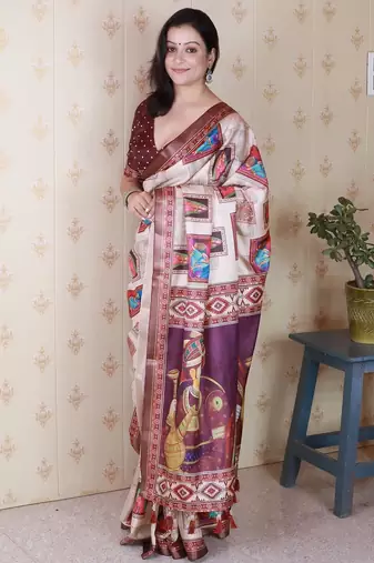 Maroon printed tussar silk printed saree with blouse