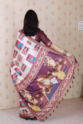Maroon printed tussar silk printed saree with blouse 4