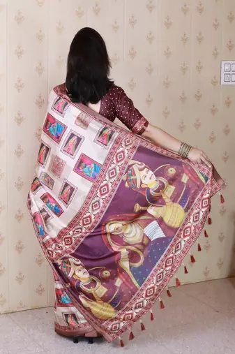 Maroon printed tussar silk printed saree with blouse