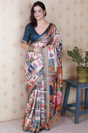 Teal blue printed tussar silk printed saree with blouse