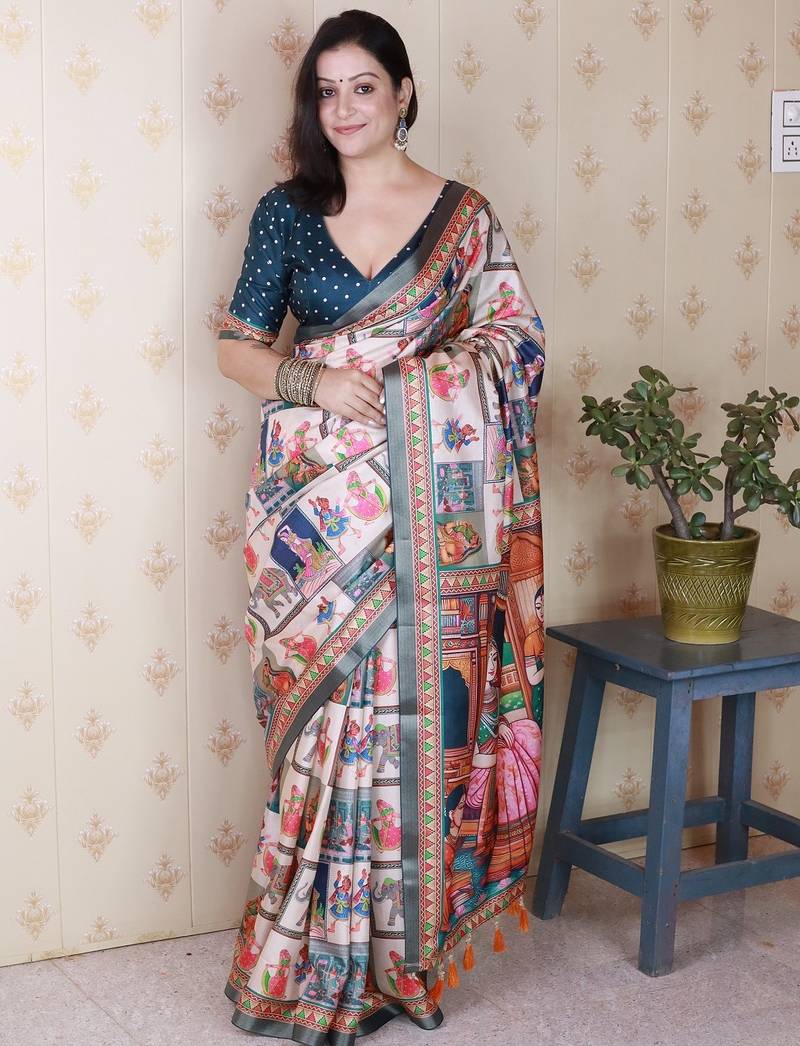 Teal blue printed tussar silk printed saree with blouse