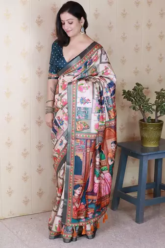 Teal blue printed tussar silk printed saree with blouse