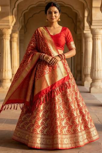 Pure Silk Unstitched Banarasi Lehanga Set in Red Colour with Blouse