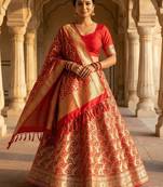Pure Silk Unstitched Banarasi Lehanga Set in Red Colour with Blouse