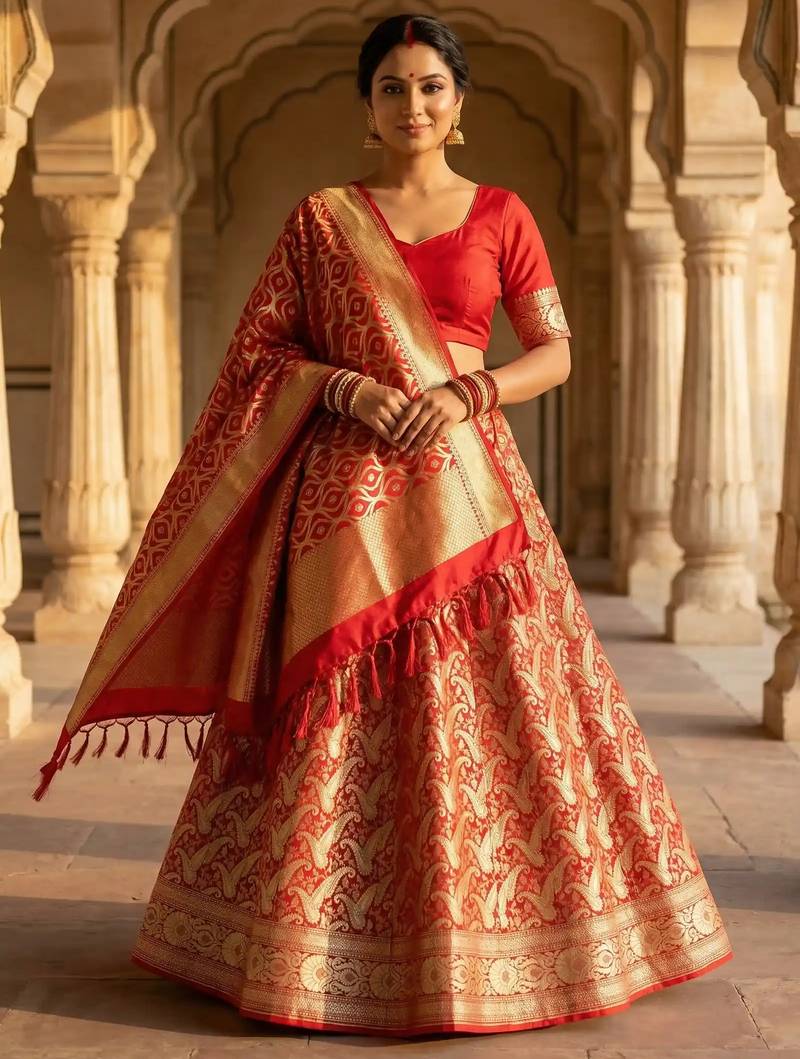 Pure Silk Unstitched Banarasi Lehanga Set in Red Colour with Blouse