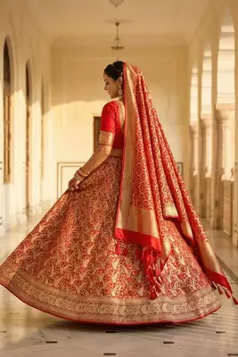 Pure Silk Unstitched Banarasi Lehanga Set in Red Colour with Blouse 2
