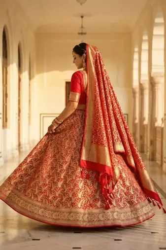 Pure Silk Unstitched Banarasi Lehanga Set in Red Colour with Blouse
