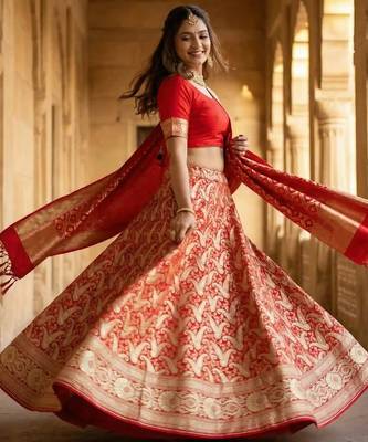 Pure Silk Unstitched Banarasi Lehanga Set in Red Colour with Blouse 3