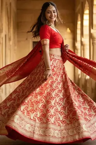 Pure Silk Unstitched Banarasi Lehanga Set in Red Colour with Blouse