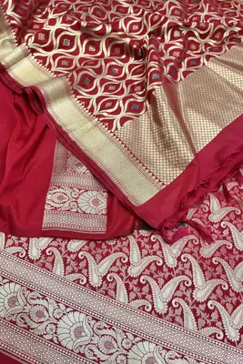 Pure Silk Unstitched Banarasi Lehanga Set in Red Colour with Blouse 4