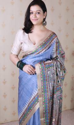 Lavender printed tussar silk printed saree with blouse 2