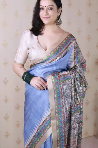 Lavender printed tussar silk printed saree with blouse