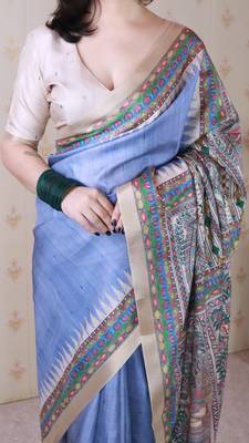 Lavender printed tussar silk printed saree with blouse 4