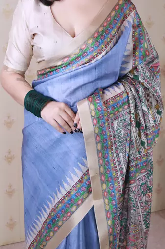 Lavender printed tussar silk printed saree with blouse
