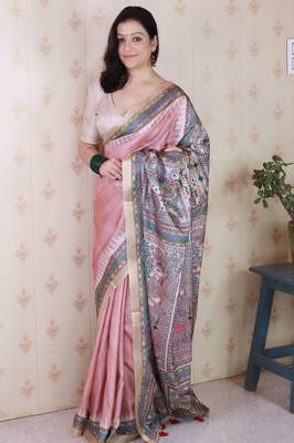 Peach printed tussar silk printed saree with blouse 1