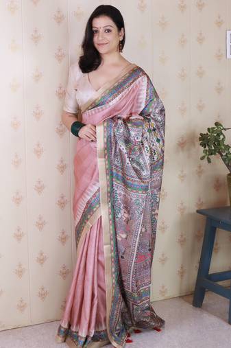 Peach printed tussar silk printed saree with blouse