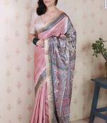 Peach printed tussar silk printed saree with blouse