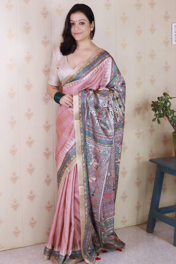 Peach printed tussar silk printed saree with blouse
