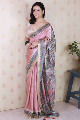Peach printed tussar silk printed saree with blouse 3