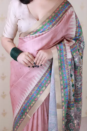 Peach printed tussar silk printed saree with blouse