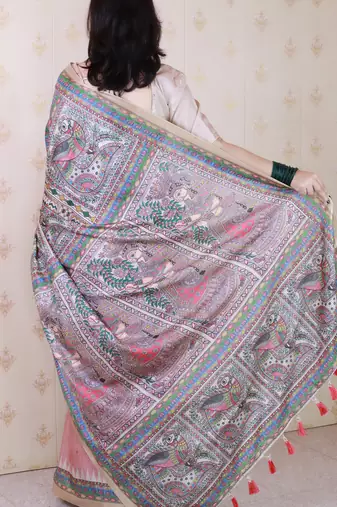 Peach printed tussar silk printed saree with blouse