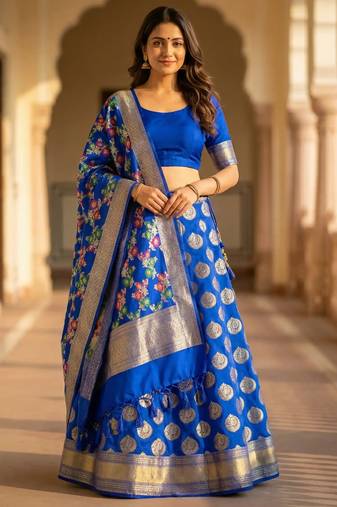 Pure Silk Unstitched Banarasi Lehanga Set in Royal Blue Colour with Blouse