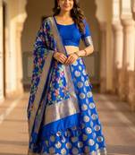 Pure Silk Unstitched Banarasi Lehanga Set in Royal Blue Colour with Blouse