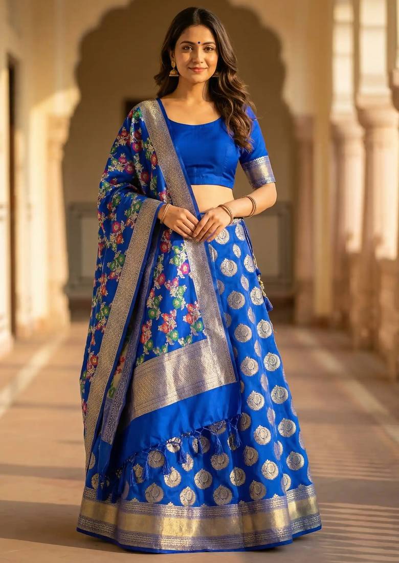 Pure Silk Unstitched Banarasi Lehanga Set in Royal Blue Colour with Blouse