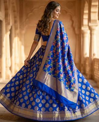 Pure Silk Unstitched Banarasi Lehanga Set in Royal Blue Colour with Blouse 2