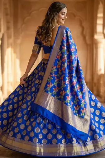 Pure Silk Unstitched Banarasi Lehanga Set in Royal Blue Colour with Blouse