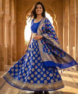 Pure Silk Unstitched Banarasi Lehanga Set in Royal Blue Colour with Blouse 3