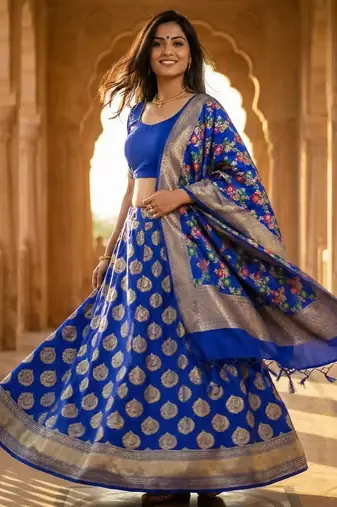 Pure Silk Unstitched Banarasi Lehanga Set in Royal Blue Colour with Blouse