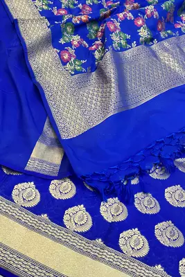 Pure Silk Unstitched Banarasi Lehanga Set in Royal Blue Colour with Blouse 4