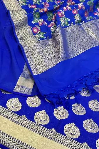Pure Silk Unstitched Banarasi Lehanga Set in Royal Blue Colour with Blouse