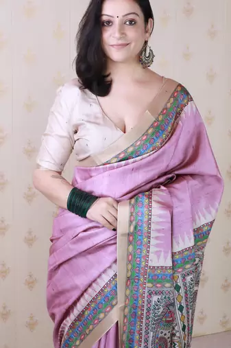 Pink printed tussar silk printed saree with blouse