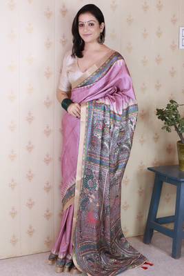 Pink printed tussar silk printed saree with blouse 1