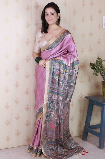 Pink printed tussar silk printed saree with blouse